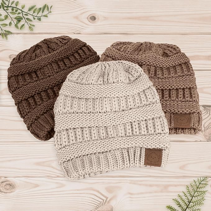 3-Pack Baby Beanies for Boys, Girls - Stretchy Knit Baby Hats, Cute Newborn & Toddler Winter Hat, Soft & Warm Infant Beanie 6-36 Months (Pecan, M)