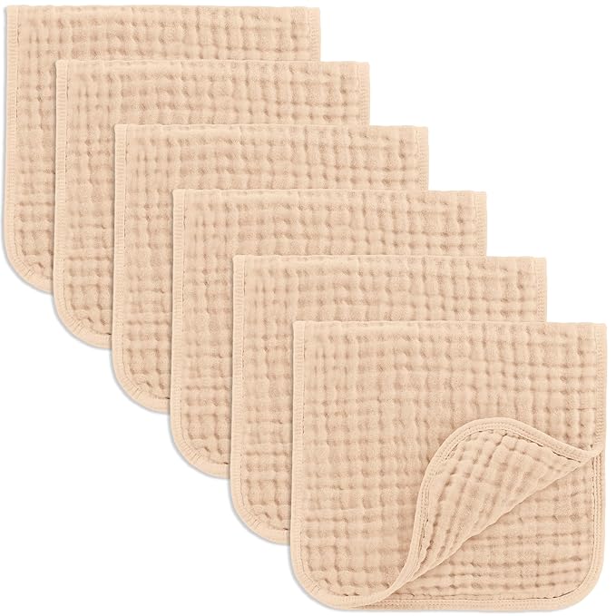 Comfy Cubs Muslin Burp Cloths 20" x 10", Pack of 6 - Large, 6-Layer, Ultra Absorbent 100% Cotton for Baby Drool and Messes - Soft, Safe & Gentle Baby Burp Cloths Set for Boys & Girls - Cream