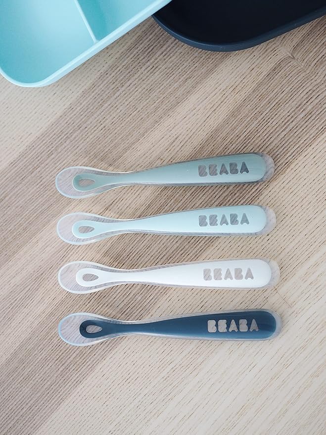 BEABA Baby's First Foods Spoon Set, Original Silicone Baby Spoons, Baby Essentials, Baby Spoons, Pack of 4 Baby Gift Set, BPA Lead & Phthalate Free, Rain