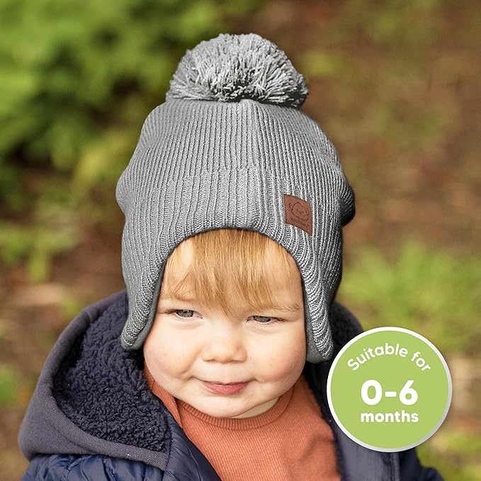 Baby Beanies, Baby Hats for Boys, Girls - Cute Toddler Winter Hat, Soft & Stretchy Beanies for Infant, Newborn 0-6 Months, Cozy & Warm with Earflap Muff & Pom (Gray, S)