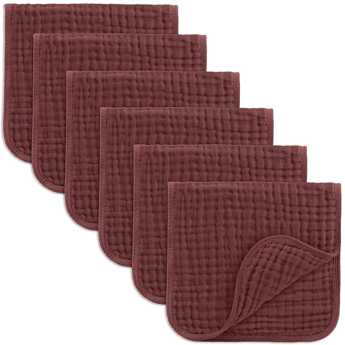 Comfy Cubs Muslin Burp Cloths 20" x 10", Pack of 6 - Large, 6-Layer, Ultra Absorbent 100% Cotton for Baby Drool and Messes - Soft, Safe & Gentle Baby Burp Cloths Set for Boys & Girls - Wine