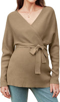 OUGES Womens Soft Cotton Blend Maternity Sweater Wrap V Neck Long Sleeve V Back Fall Shirts Pregnancy Outfits with Belt