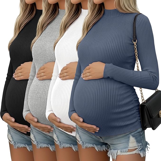 4 Packs Womens Maternity Shirts Long Sleeve Cotton Ribbed Pregnancy Mock Neck Side Ruched Workout Tops for Mama