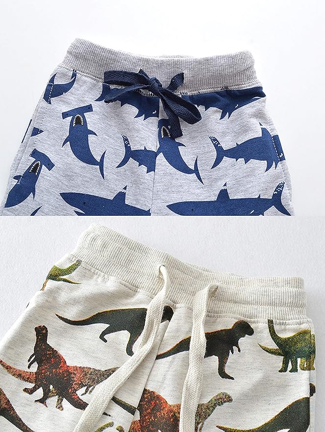 HUAER& Baby Boy's Jogger Pants Dinosaur Car Animal Print Drawstring Elastic Sweatpants 2-Pack