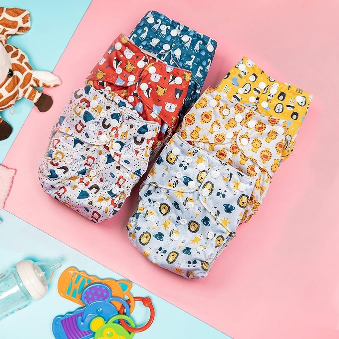 Simple Being Reusable Cloth Diapers, Double Gusset, One Size Adjustable, Washable Soft Absorbent, Waterproof Cover, Eco-Friendly Unisex Baby Girl Boy, six 4-Layers Microfiber Inserts (Boy Animals)