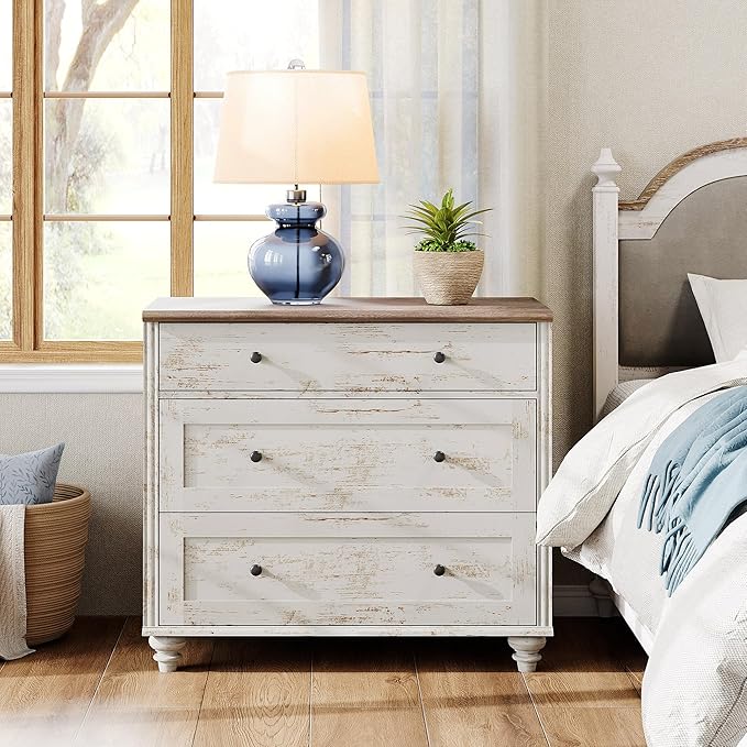 WAMPAT Baby Dresser for Bedroom with 3 Drawers, Kids Dressers with Wide Chest of Drawers, Farmhouse Wooden Closet Storage Organizer, Small Dressers for Living Room, Nursery, Hallway, Rustic White
