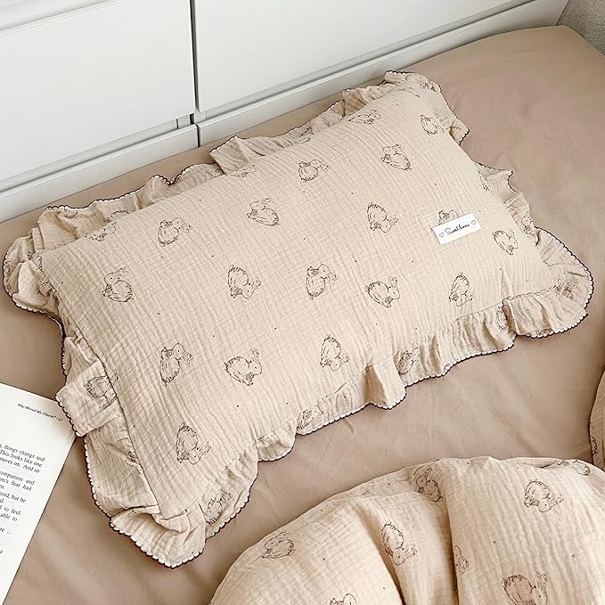 AOJIM Cute Rabbit Muslin Cotton Kids Toddler Pillowcase for Boys Girls Super Soft Baby Crib Bedding Pillowcase with Ruffle Edges Machine Washable Nursery Pillowcase, Durable Kids Pillow Cover, 26*20''