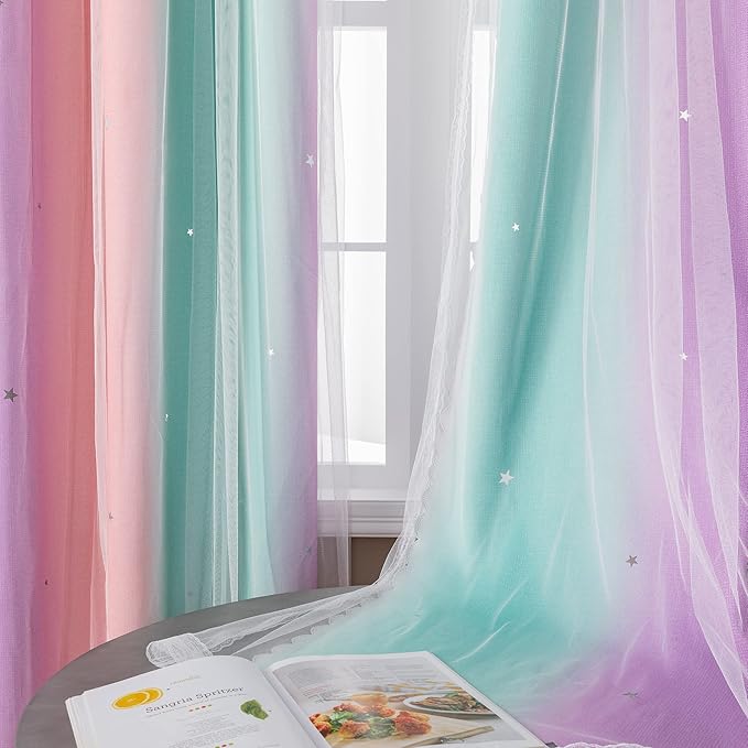 XiDi Curtains for Girls Bedroom Decor, Rainbow Blackout Curtains for Kids/Little Girl Room Decor, Unicorn Wall Decals,Pink Purple Green,63 x 34 inches,1 Panel