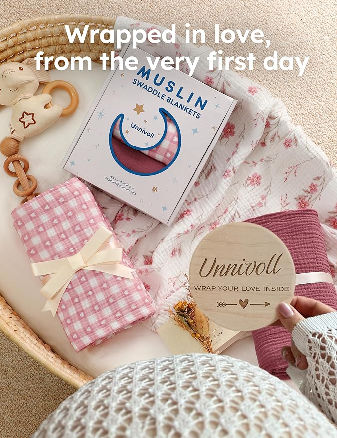 Unnivoll Muslin Swaddle Blankets for Newborns, 100% Cotton Receiving Blankets, Large 38 x 40 inches Baby Swaddle Blanket for Baby Boys and Girls, Soft Breathable Infant Baby Essentials 3 Pack Pink