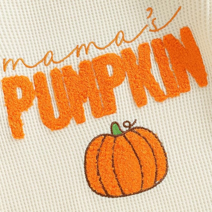 Newborn Infant Baby Boy Halloween Outfit Little Pumpkin Embroidery Romper Waffle Knit Long Sleeve Jumpsuit with Hat