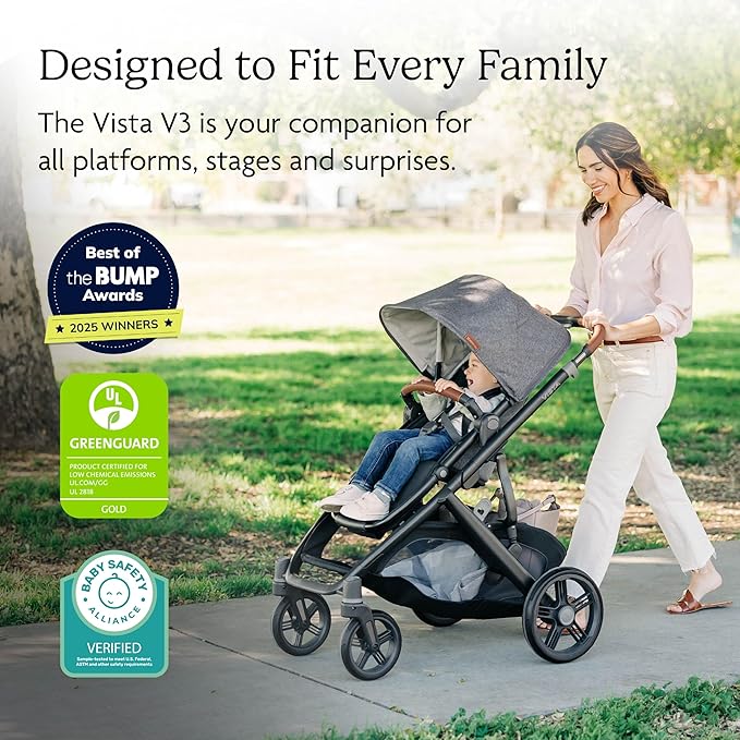 UPPAbaby Vista V3 Stroller - Full-Size Single-to-Double Stroller System - Toddler Seat, Bug Shield, Rain Shield, and Storage Bag Included - Evelyn (Meadow Green/Graphite Frame/Chestnut Leather)