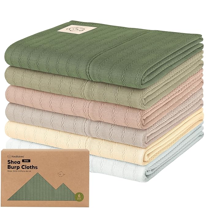 KeaBabies Organic Cotton Burp Cloths Baby Girl, Boy - 6-Pack Large Burping Clothes for Babies, Spit Up Rags, Super Soft & Absorbent Newborn Wash Towels, Gender Neutral, Non-Shrink (Stria, Hedges)