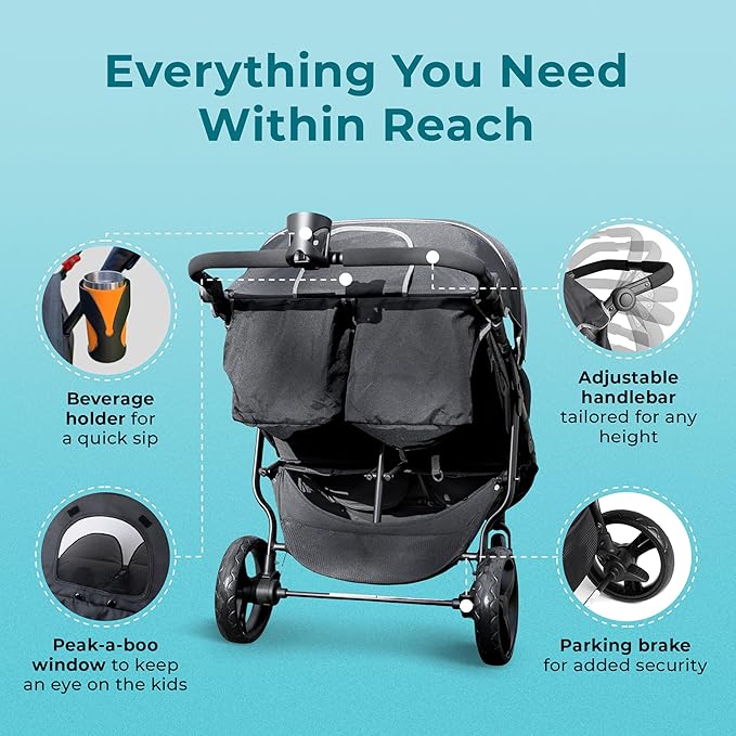 Gaggle by Foundations Roadster Duo Side by Side Double Stroller | Lightweight Compact Double Stroller for Toddlers | Easy to Fold & Maneuver | Amusement Park Approved | Black