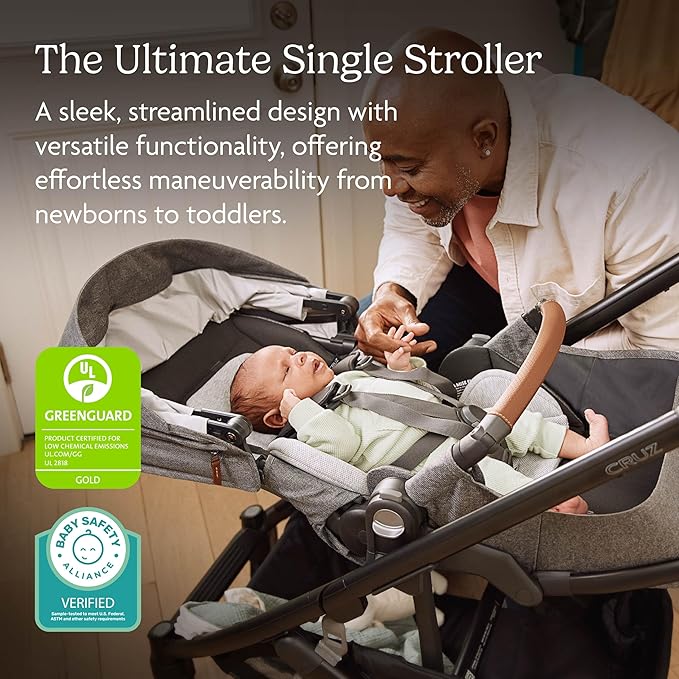 UPPAbaby Cruz V3 Stroller - from Birth + Car Seat Compatible - Full-Size, Reversible Seat - Infant Insert, Bug and Rain Shields Included - Savannah (Pearl Gray Jacquard/Carbon Frame/Chestnut Leather)