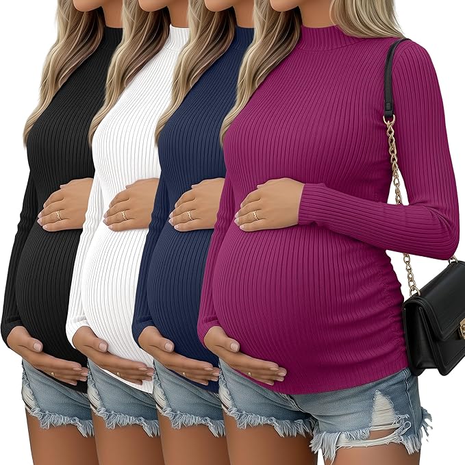 4 Packs Womens Maternity Shirts Long Sleeve Cotton Ribbed Pregnancy Mock Neck Side Ruched Workout Tops for Mama