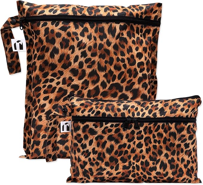 Bumkins Roamio Waterproof Wet Bag & Wet/Dry Clutch Set – Reusable Travel Organizers for Swim, Beach, Gym, Baby Gear, Cloth Diapers, Pump Parts, Pool, Toiletries – Machine Washable, Leopard 2-Pack