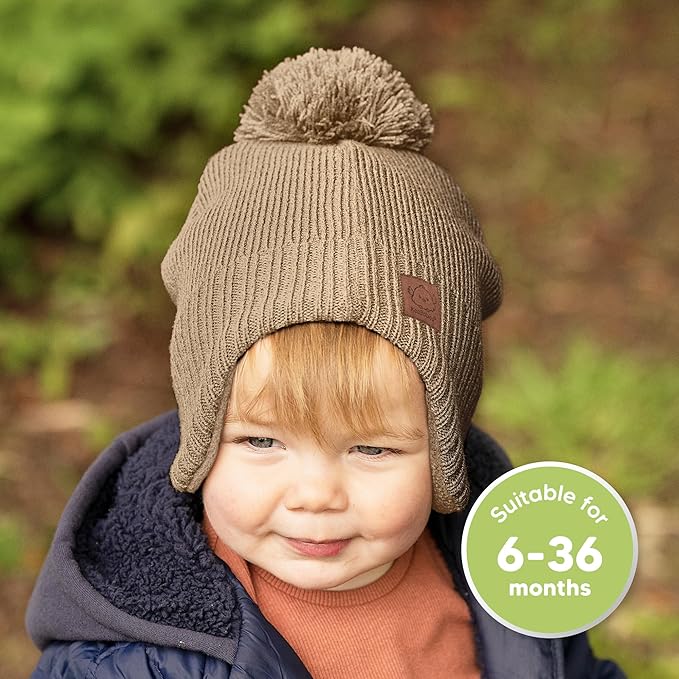 Baby Beanies, Baby Hats for Boys, Girls - Cute Toddler Winter Hat, Soft & Stretchy Beanies for Infant, Newborn 6-36 Months, Cozy & Warm with Earflap Muff & Pom (Taupe)