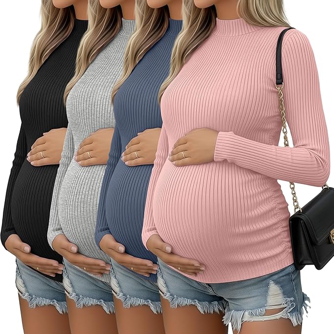 4 Packs Womens Maternity Shirts Long Sleeve Cotton Ribbed Pregnancy Mock Neck Side Ruched Workout Tops for Mama