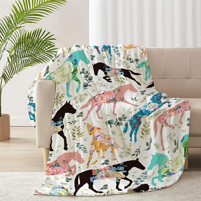 Colorful Floral Horse Blanket for Teen Flowers Animals Throw Blanket Gifts for Girls Boys Soft Throws Blankets All Seasons 50×60 Inches for Bed Office