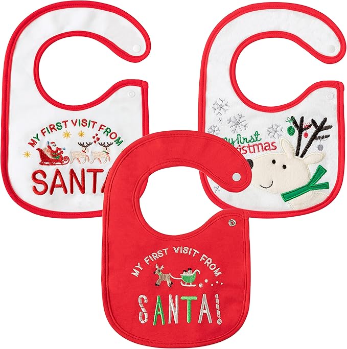 3Pcs Christmas Baby Cotton Bibs with Resin Button Newborn Infant Bibs Christmas Keepsake Baby Gift for Drooling Feeding