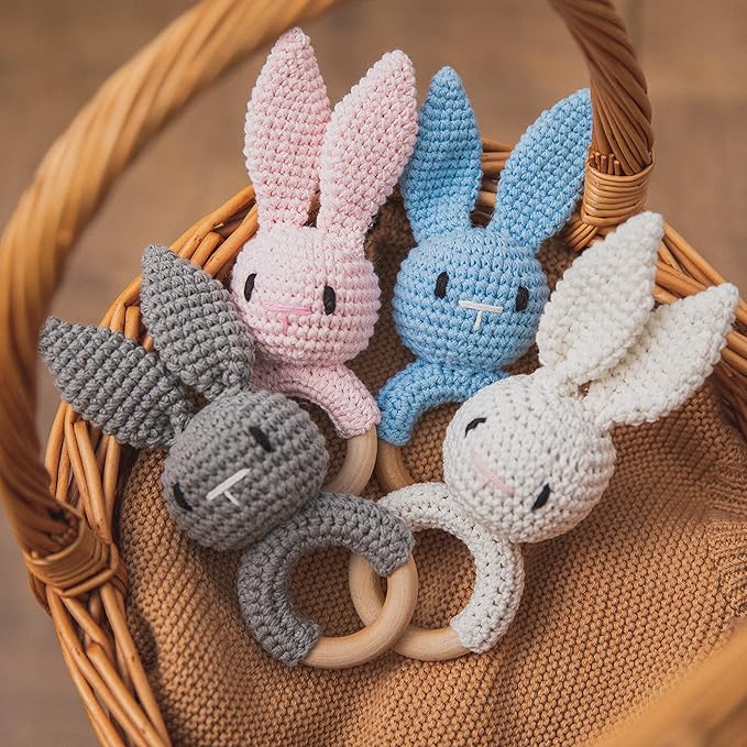 WOODEN TEETHER Crochet Baby Rattle, Crochet Baby Toys, Easter Bunny Rattle, Newborn Animal Rattle Toys，Knitted Stuffed Animals Gifts for Baby, Pink Bunny