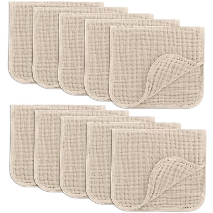 Comfy Cubs Muslin Burp Cloths 20" x 10", Pack of 10 - Large, 6-Layer, Ultra Absorbent 100% Cotton for Baby Drool and Messes - Soft, Safe & Gentle Baby Burp Cloths for Boys & Girls - Sand