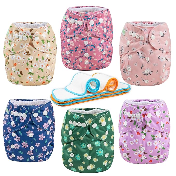 Wegreeco Cloth Diapers 6 Pack with Inserts & Wet Bag, Washable Reusable Diapers for Babies, One Size Adjustable (Chrysanthemum)