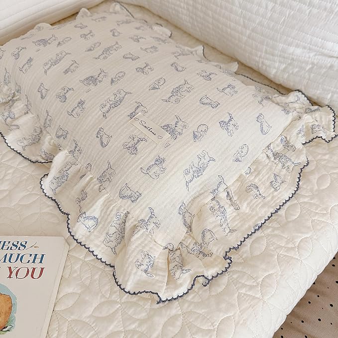 AOJIM Cotton Muslin Kids Pillowcase with Cute Cat Patterns, Super Soft Crib Nursery Pillowcase 1PC for Boys Girls, Ruffled Edges Toddler Bedding for Room Decor, Machine Washable, 14x20 Inches